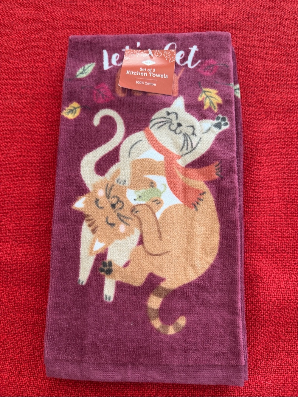 Set of 2 Cat Kitchen Towels - Plum Cat Design cat lovers